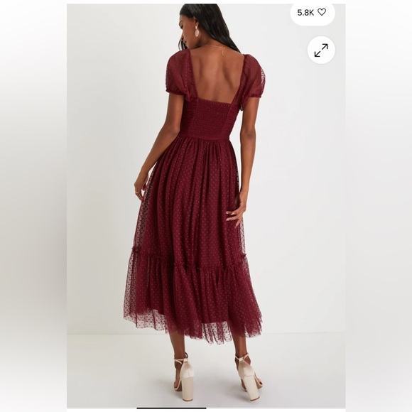 Lulu's Sweet Amor burgundy Tulle Swiss Dot Tiered Bustier Midi Dress Size Large - Picture 2 of 14